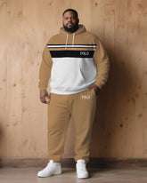 Large Size Men's Autumn And Winter Warm Cold-proof Khaki & White & Black Color Sleeves Chest Small Label Printed Hoodie Sweatpants Set